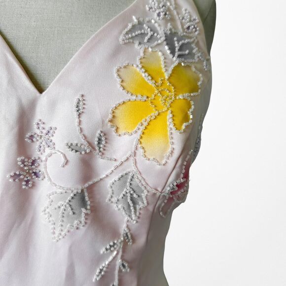 Vintage Pastel Pink Floral Beaded Fit Flared Maxi Formal Prom Dress Size S - Picture 6 of 8